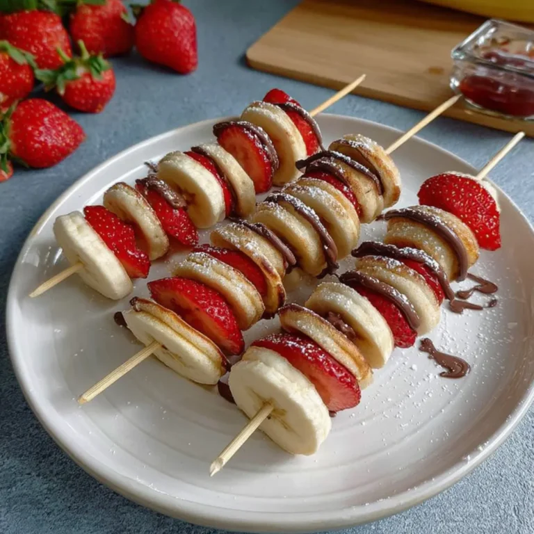 Mini Pancake Spieße mit Erdbeeren, Banane, Schoko