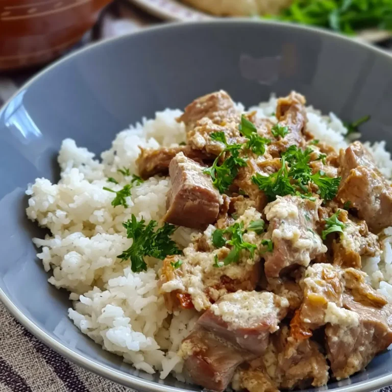 Gyrosgeschnetzeltes in Schmandsoße mit Reis