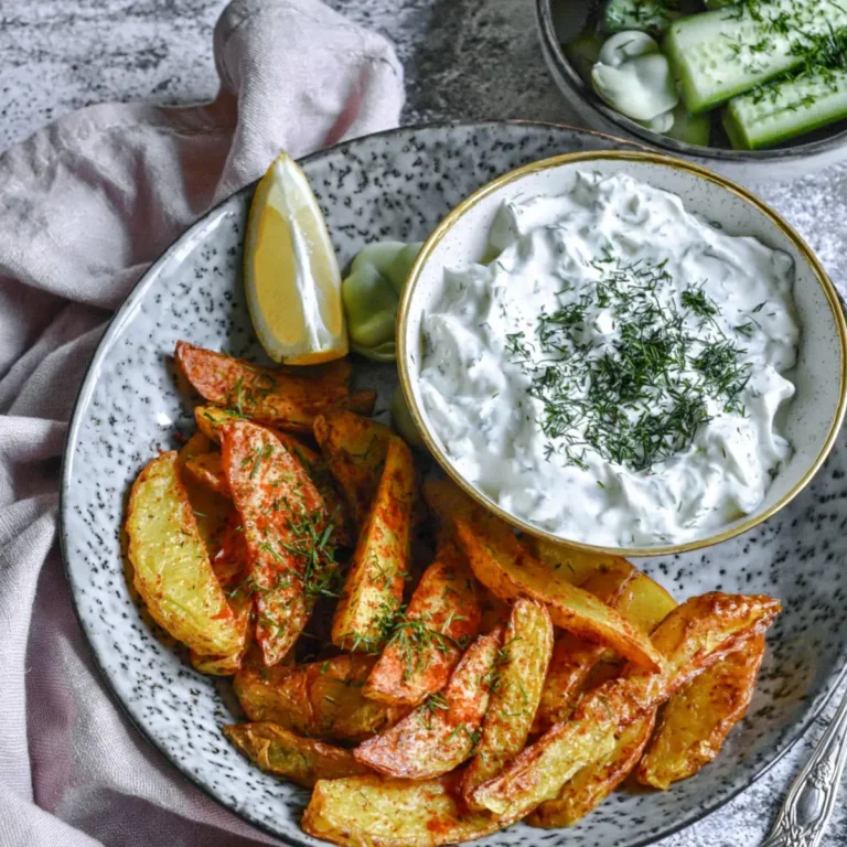 Kartoffelspalten mit Gurkendip