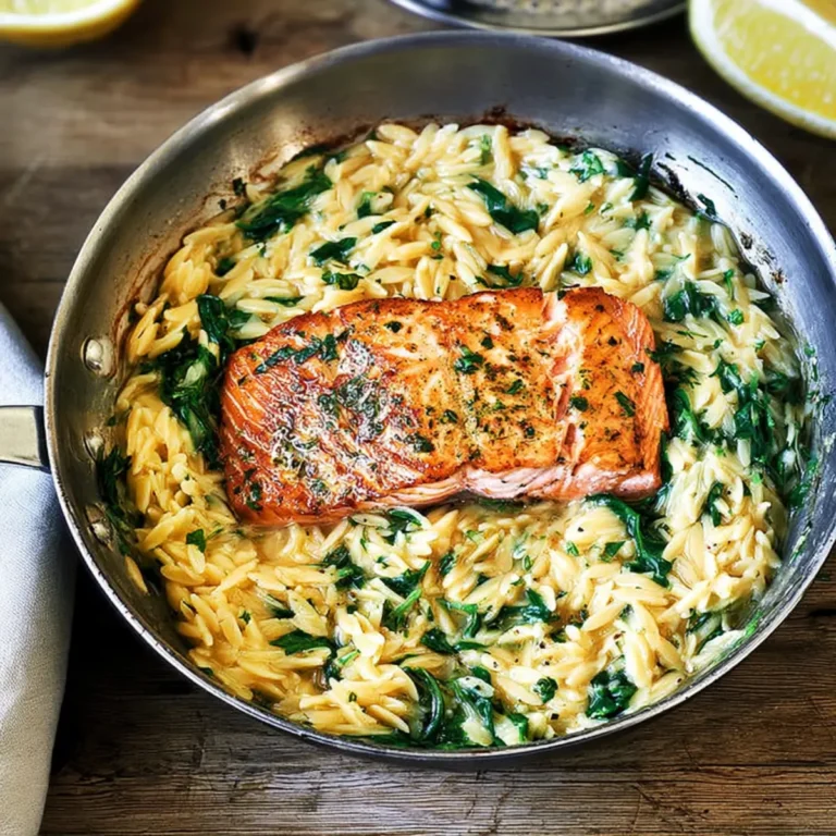 Lachs mit Zitronen Orzo aus einer Pfanne