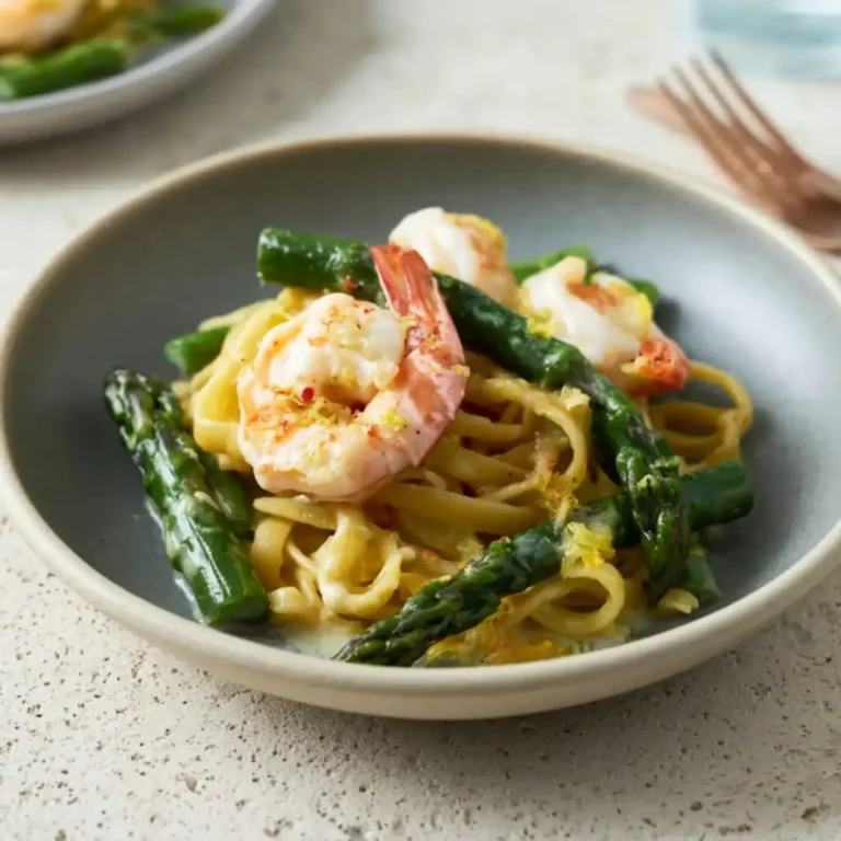 Pasta mit grünem Spargel und Garnelen in Limettensauce