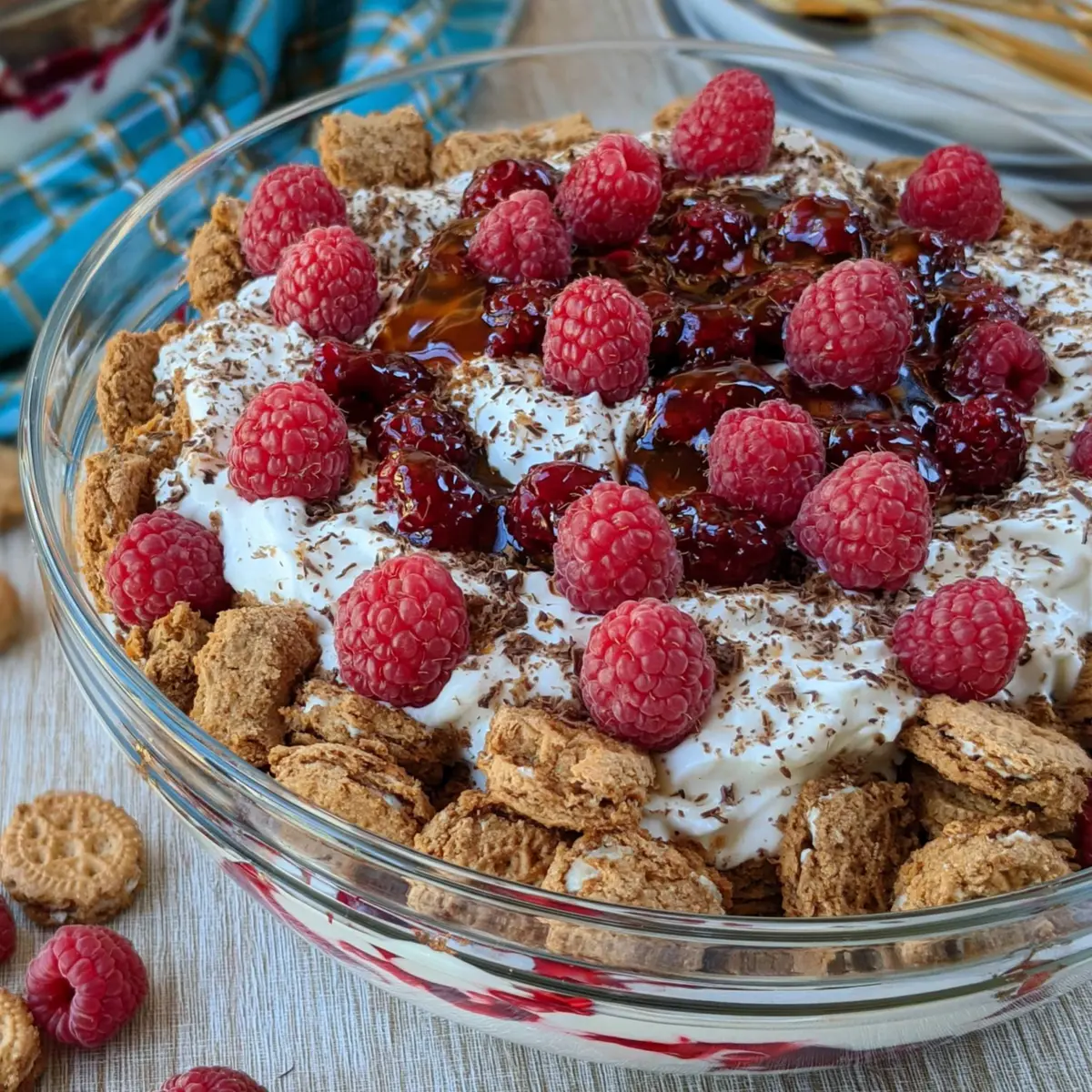 Dessert mit Himbeeren und Keksen