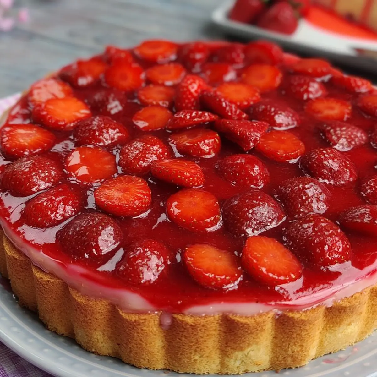 Erdbeerkuchen mit Pudding und Biskuitboden
