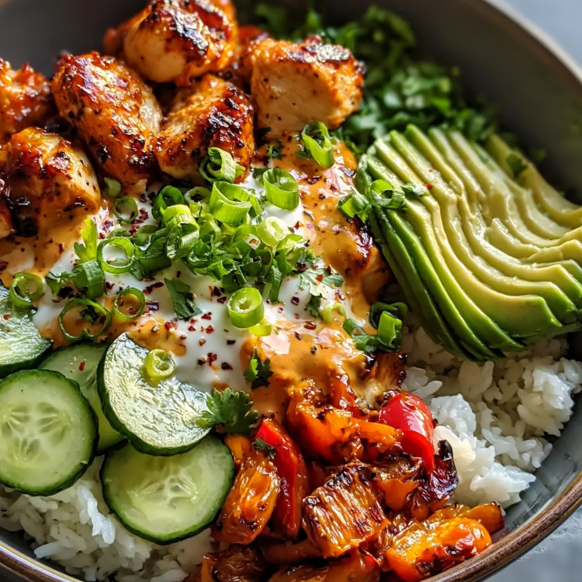 Würzige Hähnchen Bowl mit cremiger Soße
