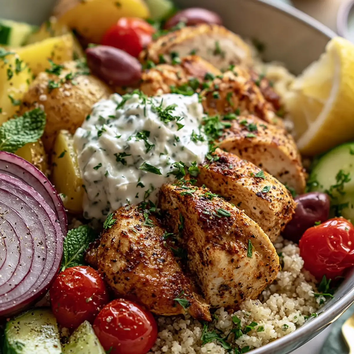 Griechische Hähnchen Bowl mit Ofenkartoffeln