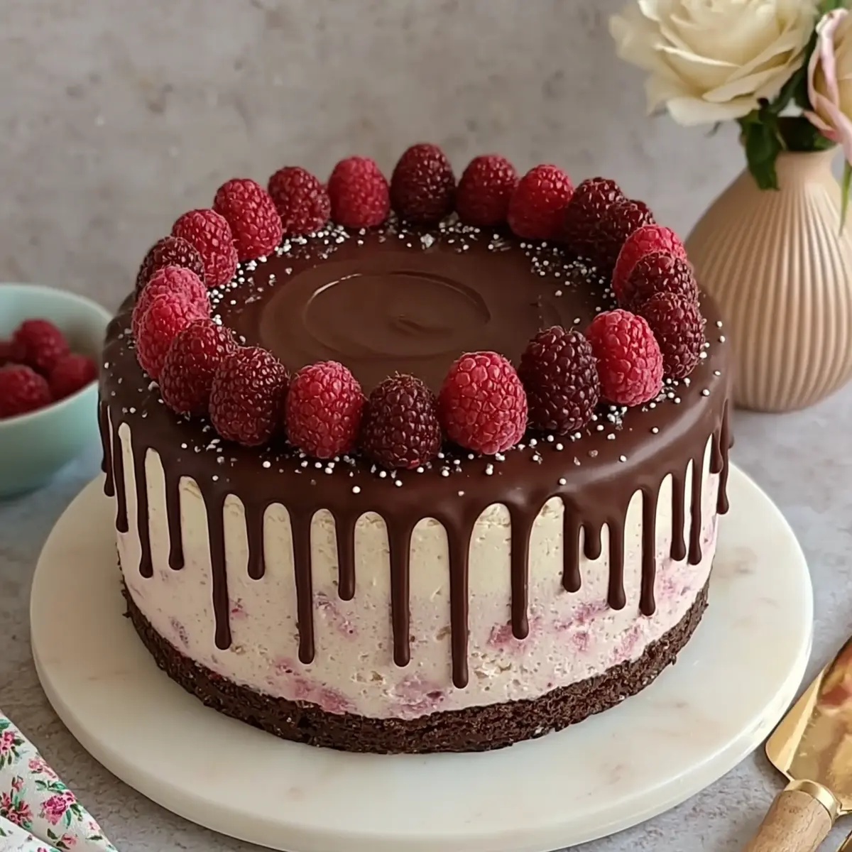 Himbeer Frischkäse Torte mit knackigem Schoko Drip