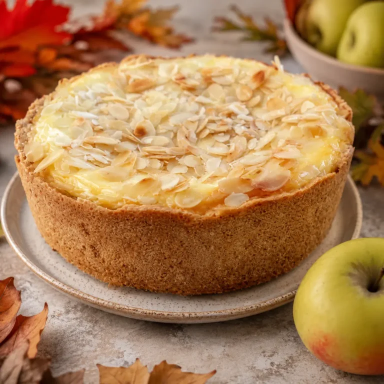 Apfelkuchen mit Pudding und Mandelblättchen